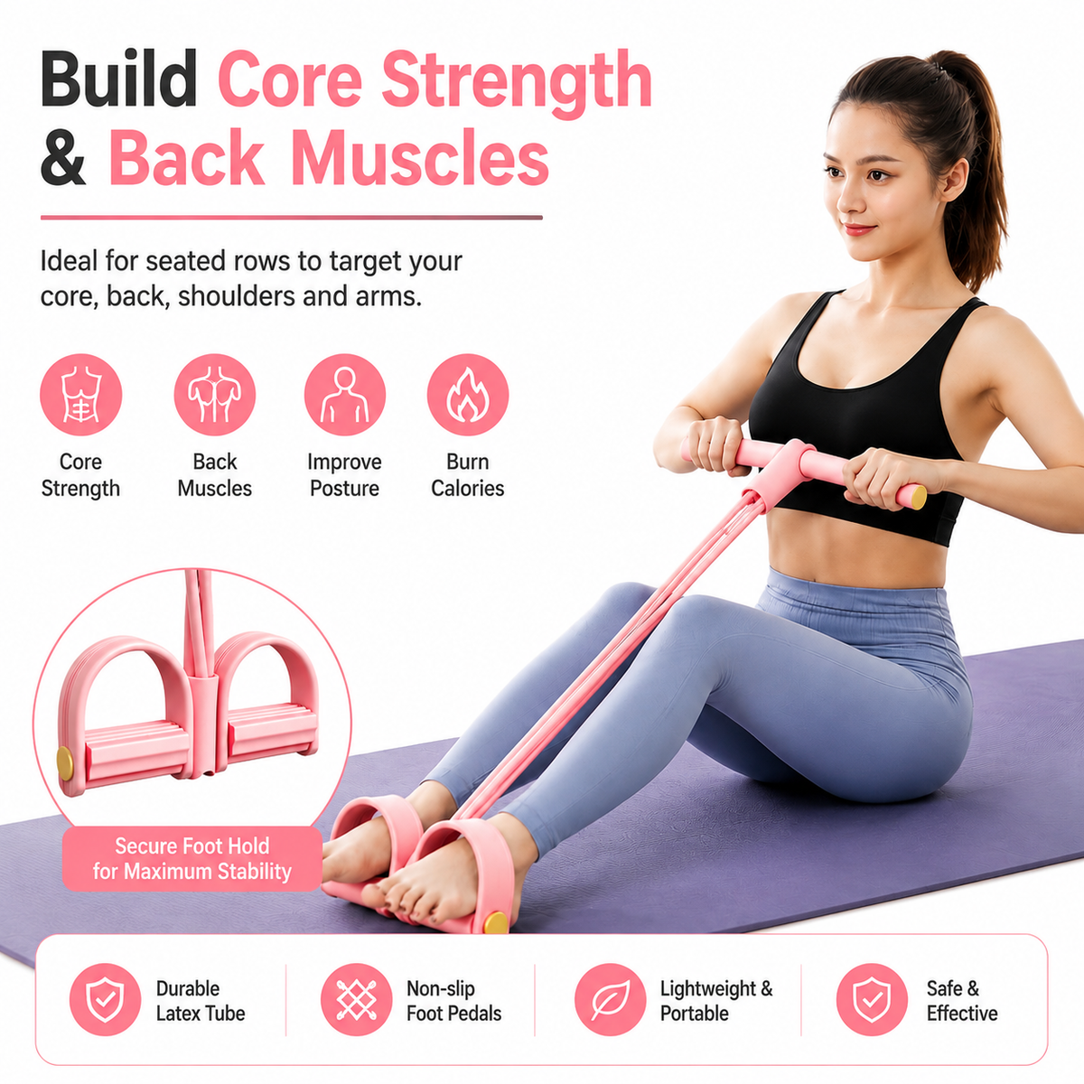 Foot Pedal Resistance Bands with Handles – 6-Tube Natural Rubber Home Gym Workout Band